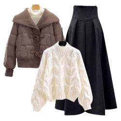 加絨加厚棉服上衣外套女秋冬款半高領針織毛衣搭高腰半身裙三件套