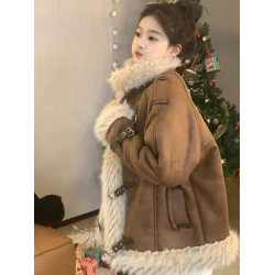 美式復古皮毛一體羊羔毛外套女冬季美拉德麂皮絨加絨加厚機車棉服