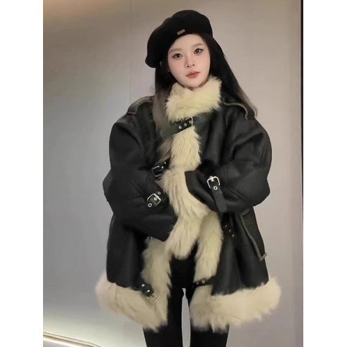 美式復古皮毛一體羊羔毛外套女冬季美拉德麂皮絨加絨加厚機車棉服 美式復古皮毛一體羊羔毛外套女冬季美拉德麂皮絨加絨加厚機車棉服