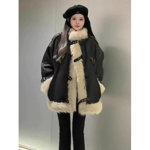 美式復古皮毛一體羊羔毛外套女冬季美拉德麂皮絨加絨加厚機車棉服 美式復古皮毛一體羊羔毛外套女冬季美拉德麂皮絨加絨加厚機車棉服