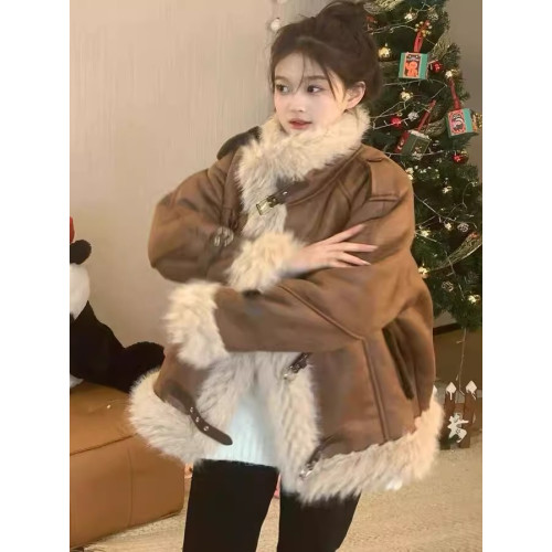 美式復古皮毛一體羊羔毛外套女冬季美拉德麂皮絨加絨加厚機車棉服 美式復古皮毛一體羊羔毛外套女冬季美拉德麂皮絨加絨加厚機車棉服