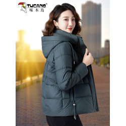 啄木鳥連帽短款棉衣女冬季2025新款加厚保暖中年媽媽羽絨棉服外套