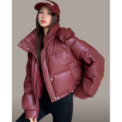 PU皮羽絨棉服女短款2025冬時尚加厚寬松連帽免洗皮衣襖子棉衣外套