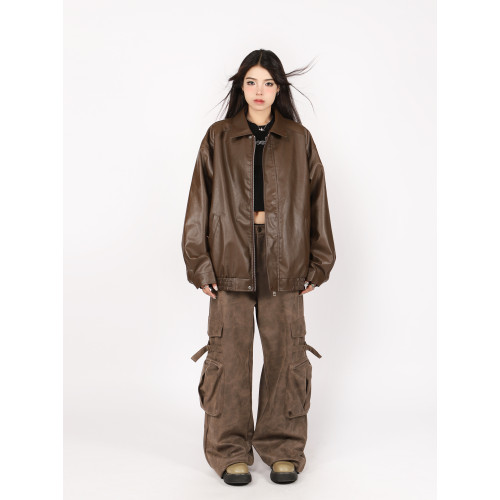 BIGGOLD棕色皮衣外套女秋季棉服夾棉機車翻領美式復古PU情侶夾克 BIGGOLD棕色皮衣外套女秋季棉服夾棉機車翻領美式復古PU情侶夾克