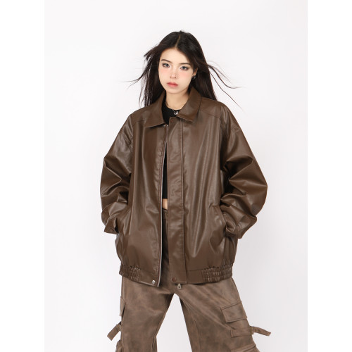 BIGGOLD棕色皮衣外套女秋季棉服夾棉機車翻領美式復古PU情侶夾克 BIGGOLD棕色皮衣外套女秋季棉服夾棉機車翻領美式復古PU情侶夾克
