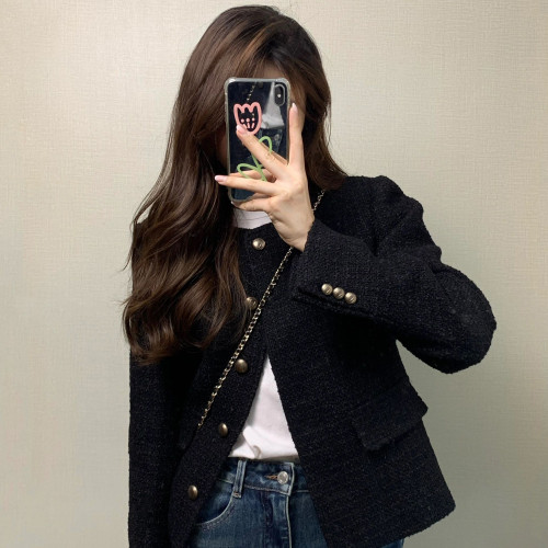 法式黑色小香風外套女秋季韓系短款高級感秋冬名媛小個子夾克上衣 法式黑色小香風外套女秋季韓系短款高級感秋冬名媛小個子夾克上衣