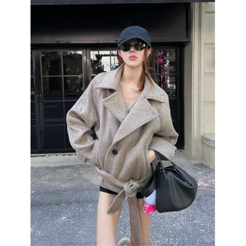 韓系復古立領腰帶毛呢外套女2025秋冬新款高級感氣質寬鬆呢子大衣