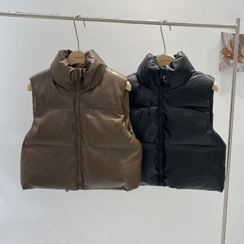 PU皮高領棉服馬甲外套女冬季2024新款韓版保暖立領背心馬夾棉衣潮 PU皮高領棉服馬甲外套女冬季2024新款韓版保暖立領背心馬夾棉衣潮