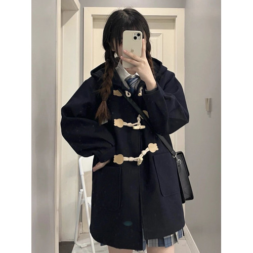 JK製服女秋冬穿搭牛角釦巨好看毛呢外套英倫風小個子連帽呢子大衣