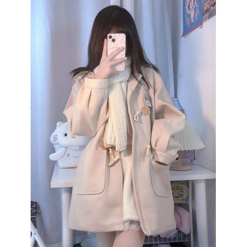 JK製服女秋冬穿搭牛角釦巨好看毛呢外套英倫風小個子連帽呢子大衣