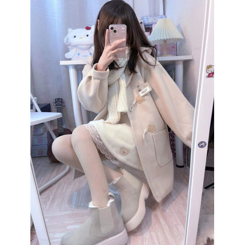 JK製服女秋冬穿搭牛角釦巨好看毛呢外套英倫風小個子連帽呢子大衣