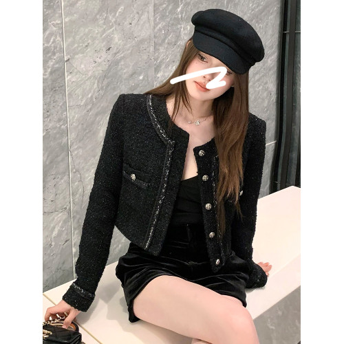 FFmiss◆黑色亮絲羊毛呢小香風短外套女秋冬粗花呢條紋編織小西裝 FFmiss◆黑色亮絲羊毛呢小香風短外套女秋冬粗花呢條紋編織小西裝