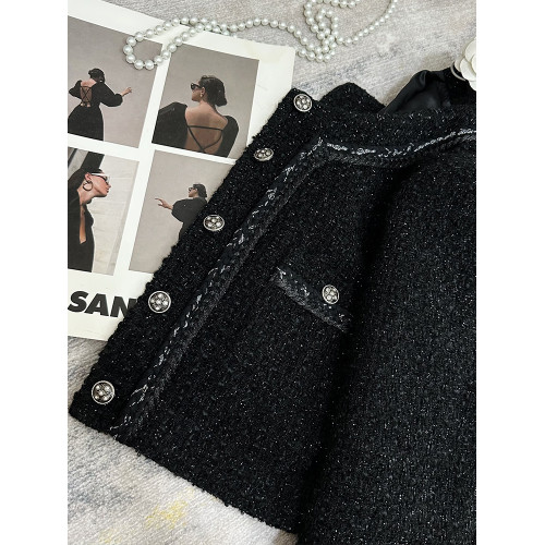 FFmiss◆黑色亮絲羊毛呢小香風短外套女秋冬粗花呢條紋編織小西裝 FFmiss◆黑色亮絲羊毛呢小香風短外套女秋冬粗花呢條紋編織小西裝