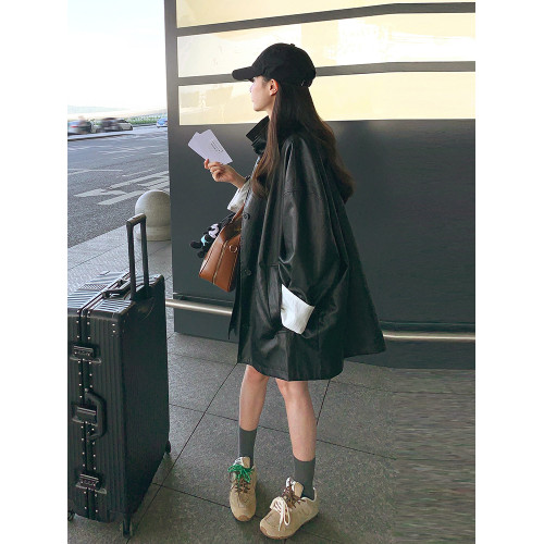 黑色韓版復古休閒皮衣外套女2025秋季新款高級感酷颯風小個子風衣 黑色韓版復古休閒皮衣外套女2025秋季新款高級感酷颯風小個子風衣