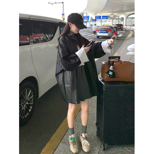 黑色韓版復古休閒皮衣外套女2025秋季新款高級感酷颯風小個子風衣 黑色韓版復古休閒皮衣外套女2025秋季新款高級感酷颯風小個子風衣