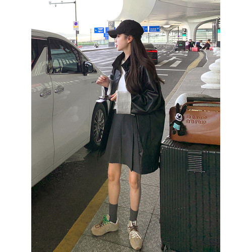 黑色韓版復古休閒皮衣外套女2025秋季新款高級感酷颯風小個子風衣 黑色韓版復古休閒皮衣外套女2025秋季新款高級感酷颯風小個子風衣