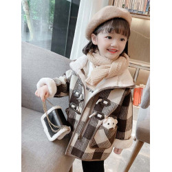 女小童格子小熊一體絨棉衣2025冬新品女寶寶時尚加厚連帽長袖外套