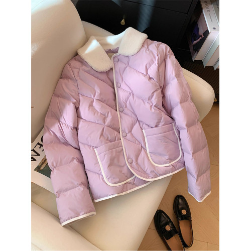 韓系復古羊羔毛拼接菱格夾棉棉服外套女秋冬甜美百搭減齡保暖棉衣