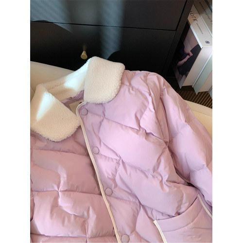 韓系復古羊羔毛拼接菱格夾棉棉服外套女秋冬甜美百搭減齡保暖棉衣