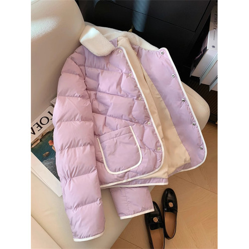 韓系復古羊羔毛拼接菱格夾棉棉服外套女秋冬甜美百搭減齡保暖棉衣