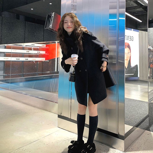 鬭篷毛呢外套女秋冬新款小個子赫本風中長款雙面羊絨大衣呢子女士