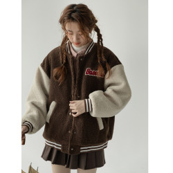 美式復古羊羔毛絨外套女裝2024冬季新款小個子加厚棒球服棉服上衣