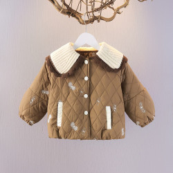 女寶寶冬裝棉衣2024新款夾棉開衫周嵗秋冬女小童時髦棉服外套