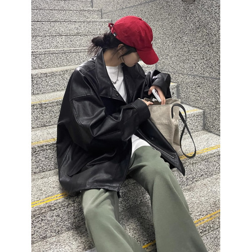 黑色皮衣外套女2025春秋新款美式復古設計感皮夾克寬松pu機車服潮 黑色皮衣外套女2025春秋新款美式復古設計感皮夾克寬松pu機車服潮