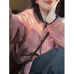 別致設計感正反面穿菱格羽絨棉服女冬季新款韓版復古撞色格子外套