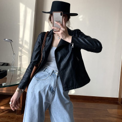 簡約百搭2025春秋新款女士水洗皮修身皮衣高檔柔軟PU皮夾克小外套