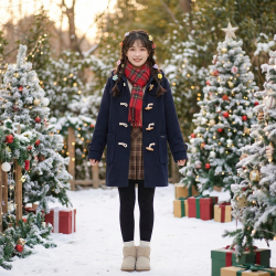 日系軟妹原宿風復古字母貼布大口袋牛角釦連帽夾棉毛呢大衣外套女