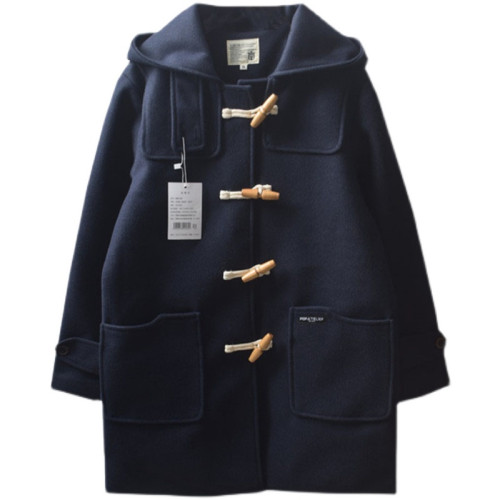 日系軟妹原宿風復古字母貼布大口袋牛角釦連帽夾棉毛呢大衣外套女