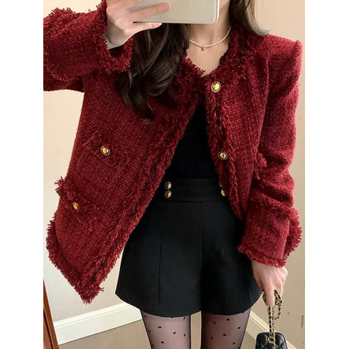 FFmiss◆小香風紅色編織毛毛寬松短外套女羊毛呢流蘇洋氣西裝開衫