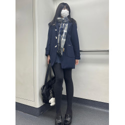 2024秋jk製服學院風牛角釦大衣外套女原創日系加厚中長款夾棉毛呢