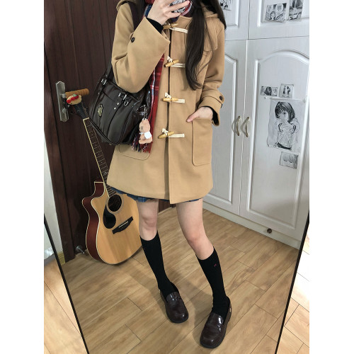 2024秋jk製服學院風牛角釦大衣外套女原創日系加厚中長款夾棉毛呢 2024秋jk製服學院風牛角釦大衣外套女原創日系加厚中長款夾棉毛呢