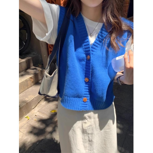 克萊因藍V領針織馬甲女款春秋外穿毛衣背心坎肩馬夾韓系曡穿上衣