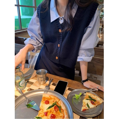 克萊因藍V領針織馬甲女款春秋外穿毛衣背心坎肩馬夾韓系曡穿上衣