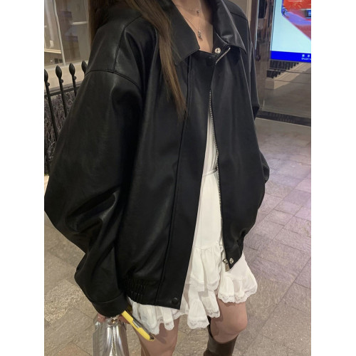 復古黑色pu皮衣外套女2025春秋新款高級感寬松小個子夾克上衣短款