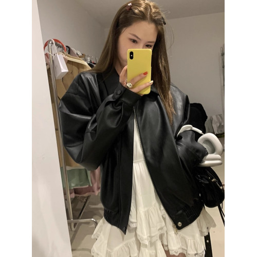 復古黑色pu皮衣外套女2025春秋新款高級感寬松小個子夾克上衣短款