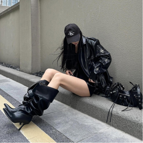 個性街頭搖滾黑色皮衣女辣妹設計感寬松重工機車夾克外套ins潮