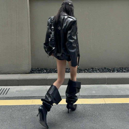 個性街頭搖滾黑色皮衣女辣妹設計感寬松重工機車夾克外套ins潮