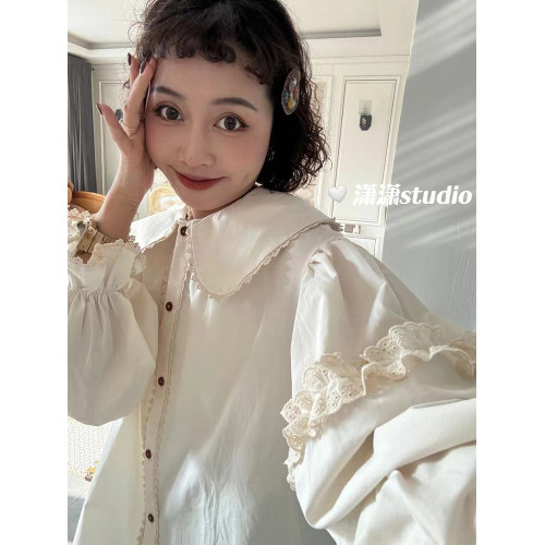 【薄荷甜心2025年春秋新款寬松娃娃領蕾絲花邊泡泡袖襯衣XW933