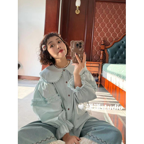 【薄荷甜心2025年春秋新款寬松娃娃領蕾絲花邊泡泡袖襯衣XW933