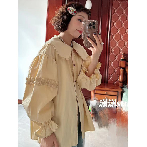 【薄荷甜心2025年春秋新款寬松娃娃領蕾絲花邊泡泡袖襯衣XW933