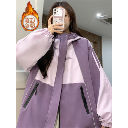 加絨沖鋒衣女外套秋冬新款學生寬松潮牌拼色休閒連帽棉服外套加厚