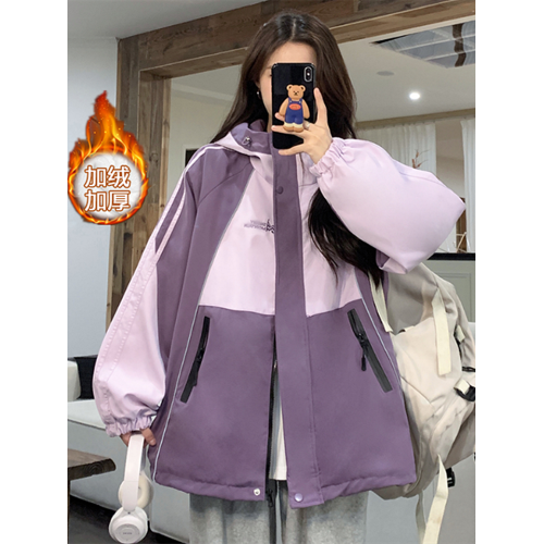 加絨沖鋒衣女外套秋冬新款學生寬松潮牌拼色休閒連帽棉服外套加厚 加絨沖鋒衣女外套秋冬新款學生寬松潮牌拼色休閒連帽棉服外套加厚
