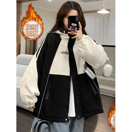 加絨沖鋒衣女外套秋冬新款學生寬松潮牌拼色休閒連帽棉服外套加厚 加絨沖鋒衣女外套秋冬新款學生寬松潮牌拼色休閒連帽棉服外套加厚