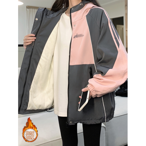 加絨沖鋒衣女外套秋冬新款學生寬松潮牌拼色休閒連帽棉服外套加厚 加絨沖鋒衣女外套秋冬新款學生寬松潮牌拼色休閒連帽棉服外套加厚