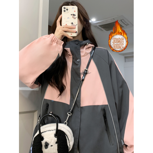 加絨沖鋒衣女外套秋冬新款學生寬松潮牌拼色休閒連帽棉服外套加厚 加絨沖鋒衣女外套秋冬新款學生寬松潮牌拼色休閒連帽棉服外套加厚