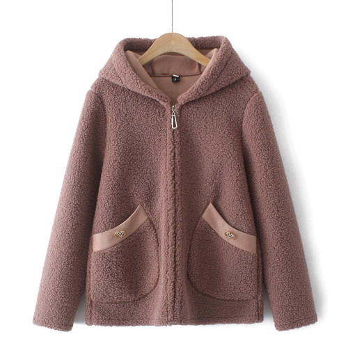 媽媽裝羊羔絨外套女秋冬新款大碼女裝時尚連帽顆粒絨皮毛一體大衣